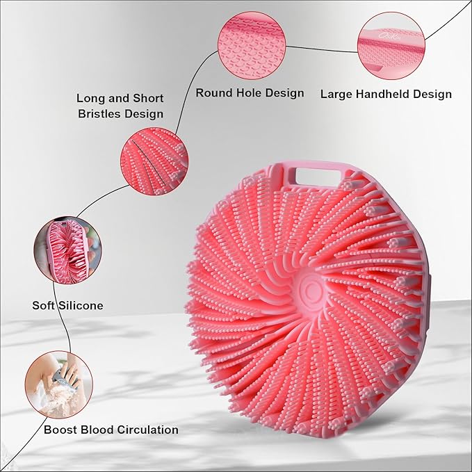 Silicone Body Scrubber Shower Brush, Exfoliating Body Wash Scrubbers for All Skin Types, Ergonomic No-Slip Handle, Exfoliation & Gentle Massage,Body Brush for Showering with Hanging Hole (Pink)