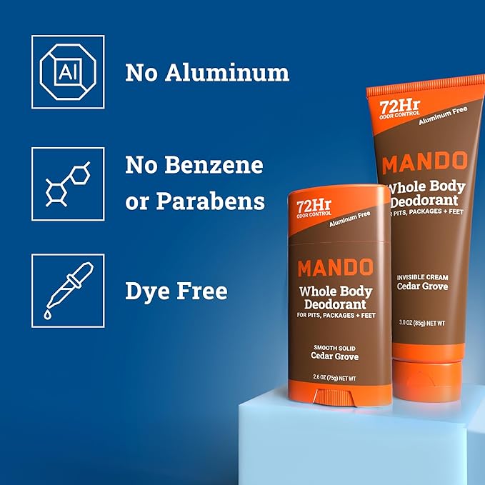 Mando Whole Body Deodorant - Invisible Cream Tube and Solid Stick - 72 Hour Odor Control - Aluminum Free, Baking Soda Free, Skin Safe - 3.0 Ounce Tube and 2.6 Ounce Solid Stick Bundle - Cedar Grove
