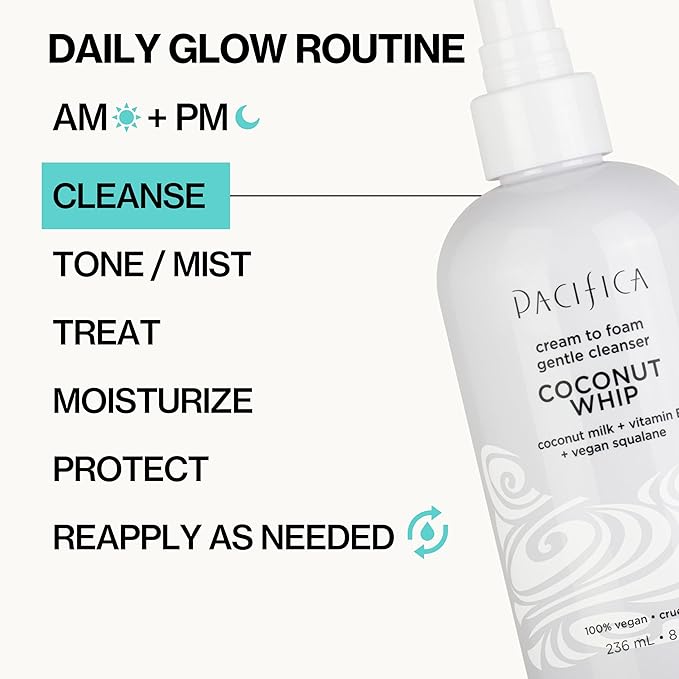 Pacifica Coconut Whip Cream to Foam Face Wash - Gentle Hydrating Facial Cleanser for Dry & Sensitive Skin, Moisturizing Daily Face Wash, Non-Comedogenic Vegan & Cruelty-Free, Dermatologist Tested 8oz