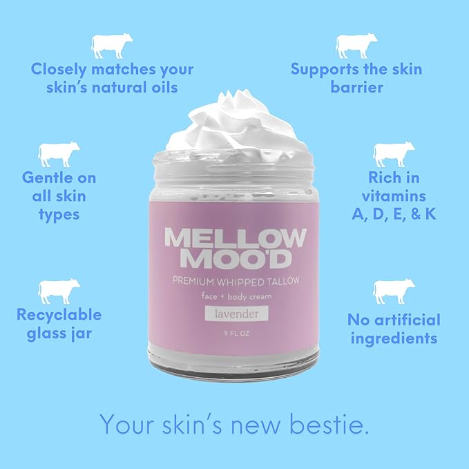 Mellow Moo'd Whipped Grass Fed Beef Tallow - Face + Body Cream - Tallow Moisturizer for Sensitive Skin - Natural Body Butter Lotion XTRA Large 9 FL OZ - Made In USA (9oz, Lavender)
