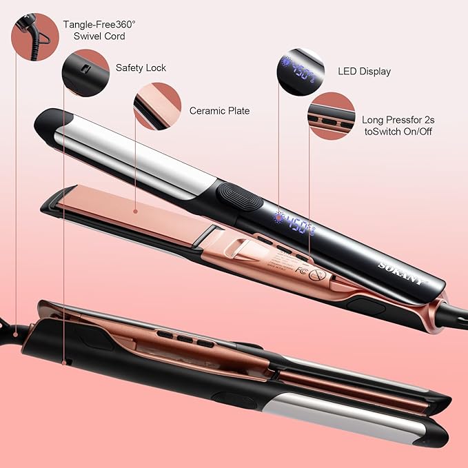 SOKANY 1 Inch Flat Iron Hair Straightener and Titanium Curler 2 in 1,Dual Voltage Smart 3D Ceramic Floating Plates Ionic Straightener,8 Temps Settings Fast Heating & Heat Protection