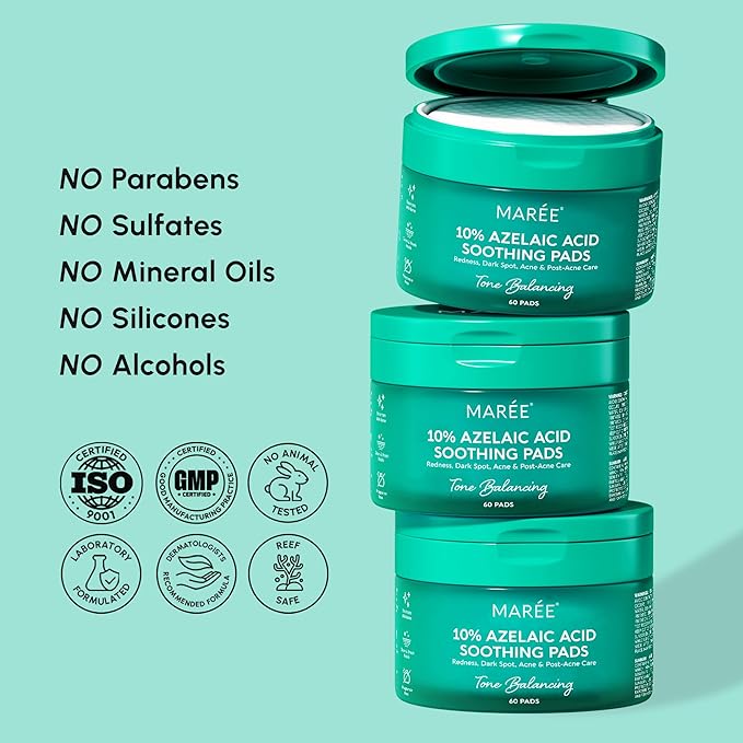 MAREE Azelaic Acid Acne Clearing Pads – Exfoliating Pads with Glycolic & Hyaluronic Acid for Face – 10% Azalecic Acid & Centella Redness Soothing Pad – Zero Pore Facial Toner Pad – Acido Azelaico