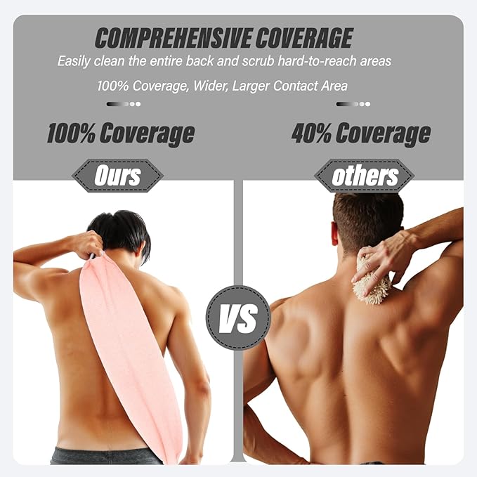 Inmorven Exfoliating Back Scrubber with Handles, Nylon Back Exfoliator, Two Sides Stretchable Pull Strap Shower Deep Cleans Skin Massages Invigorating Blood Circulation for Women Men Body (Pink)