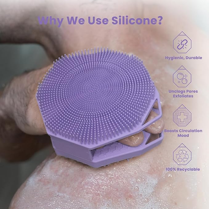 iTokGoK® Premium Silver-Infused 2 in 1 Silicone Body Scrubber, Double-Sided Design Body Brush Silicone Body Scrubber Exfoliating Body Brushes for All Skin for Showering, Lathers Well - Lavender