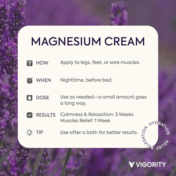 Vigority Magnesium Cream for Sleep: Magnesium Lotion for Leg Cramps - Soothing Magnesium with Lavender, Vitamin E and Shea Butter - Safe for Kids & Pregnant Individuals