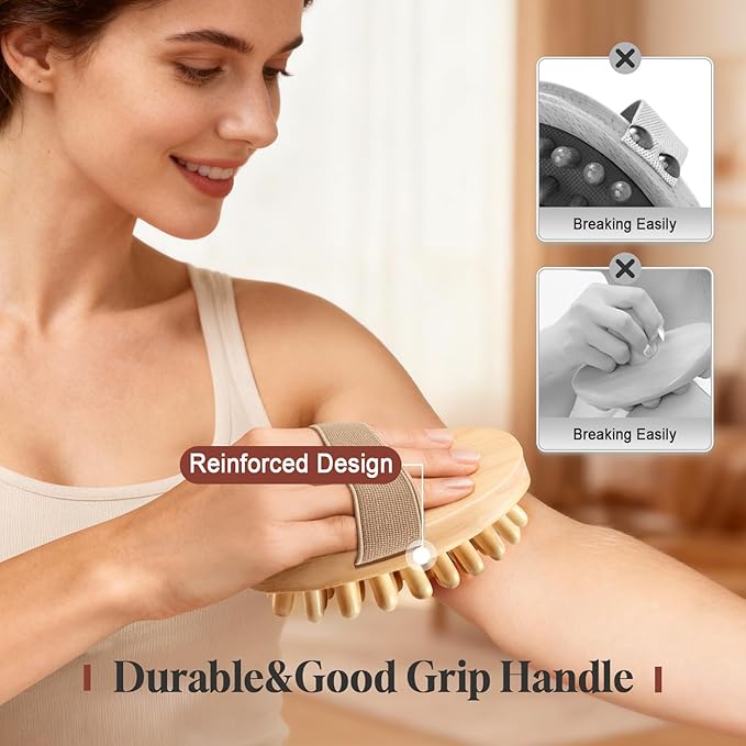 2 PCS Meridian Massage Brushes, Wood Therapy Massage Tools with Essential Oil, Handheld Meridian Brush for Belly Fat, Full Body Relaxation Cellulite Pressure Brushes for Legs, Arms, Back (Beige)