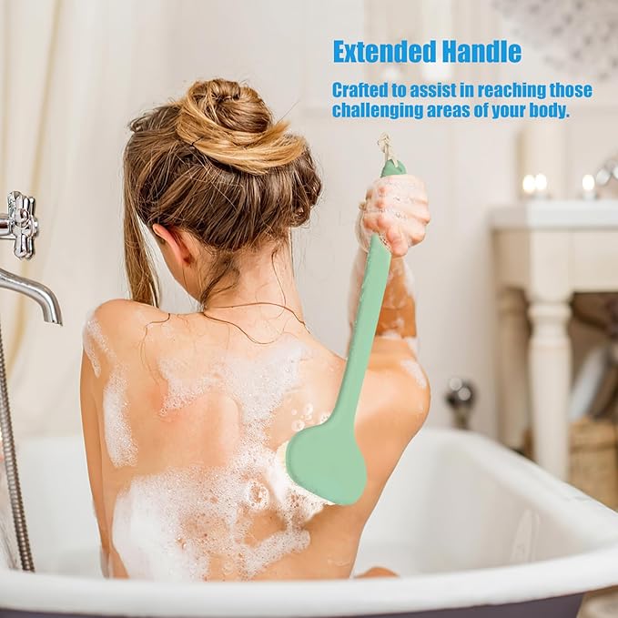 VANZAVANZU Back Scrubber for Shower, Bath Brush with 17-Inch Long Anti-Slip Handle, Wet and Dry Brushing Body Brush for Body Cleansing, Back Brush for Men and Women (Pea Green)