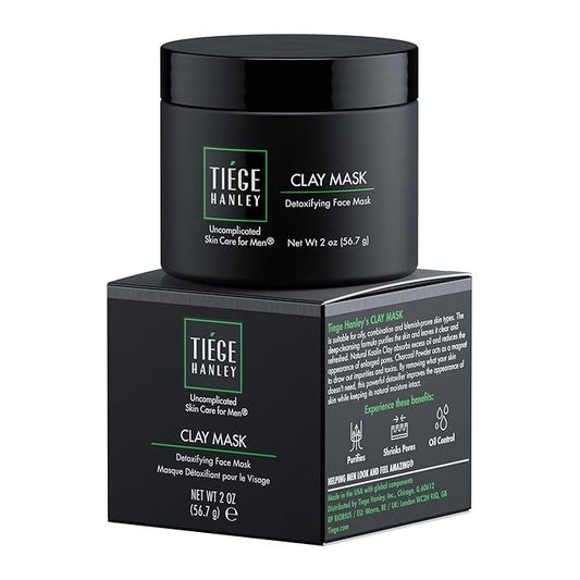 Tiege Hanley Detoxifying Facial Clay Mask for Men, Deep Pore Cleansing Charcoal Face Mask With Natural Kaolin Clay and Aloe, Absorbs Oil & Reduces Appearance of Pores, Men’s Skin Care, 2 Oz