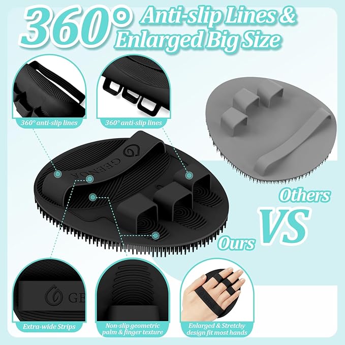 Soft Silicone Bath Glove & Face Scrubber Set 2PCS, 360° Anti-Slip & Hand-fit Body Scrubber for Rich Foaming Deep Cleaning, Unique Facial Scrubber with Side-bristles for Contoured Areas.(Black)
