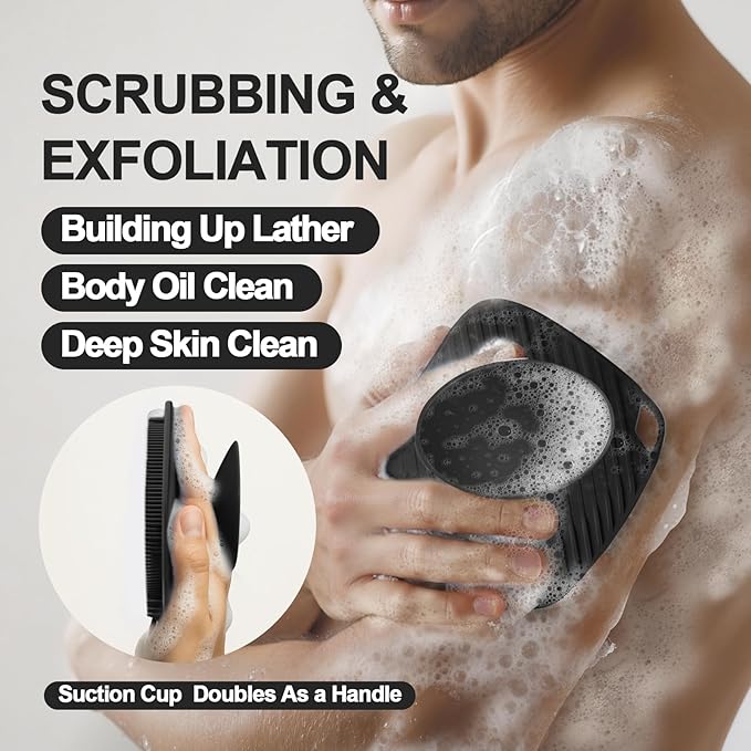 Silicone Body Scrubber with Suction Cup, Gentle Texture Exfoliating Body Scrubber for Men and Women On Sensitive Skin, Build Up Lather, Deep Skin Clean (Body+ Face Scrubber Black)