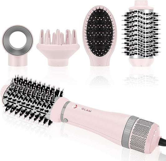 IG INGLAM 4 in 1 Blowout Hair Dryer Brush Set - Negative Ion Detachable Hair Dryer, Volumizer Styler with 2 Brush Heads, Pink