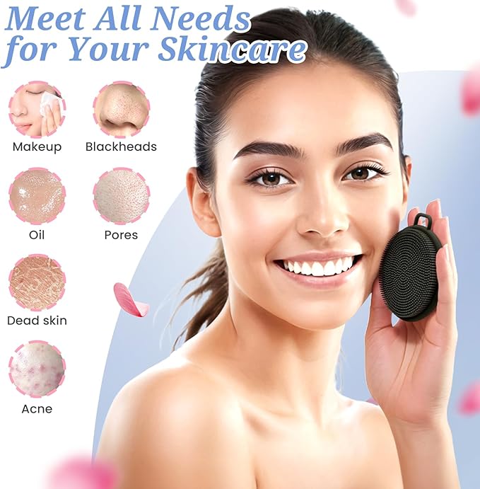 Silicone Back Body Face Scrubbers Set 4PCS, 15.35’’ Back Scrubber Soft Body Scrubber for Dual-Side Usage, Easy-to-Hold Soft Bath Glove & Face Scrubber for Good Foaming Deep Cleaning(Black)