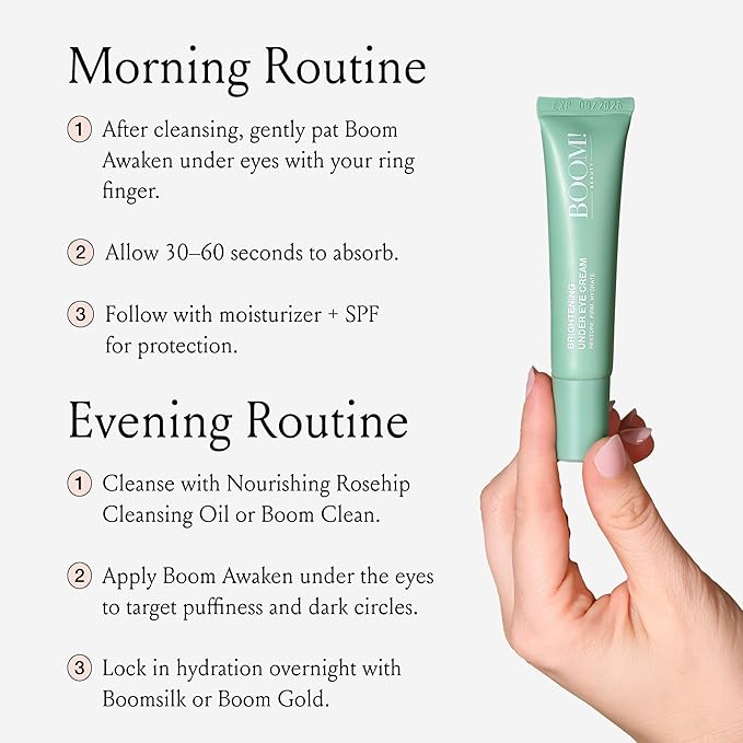 Boom Awaken Cooling Under Eye Cream - Targets Puffiness & Uneven Tone with Vitamin C, Licorice Root, Wild Mint, Green Tea & Hyaluronic Acid - Lightweight, Refreshing, Vegan Formula - 0.5 oz