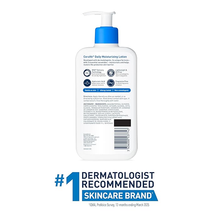 CeraVe Daily Moisturizing Lotion for Dry Skin, Body Lotion & Face Moisturizer with Hyaluronic Acid and Ceramides, Daily Moisturizer, Fragrance Free, Oil-Free, 12 Ounce