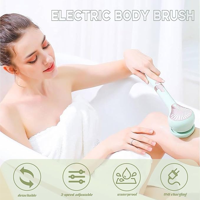 Electric Body Brush, 6in1 Back Scrubber for Shower with 3 Speed, IPX7 Waterproof Silicone Bath Scrubber, Rechargeable Electric Spin Scrubber, Cordless Bath Brush for Clean Exfoliate Massage (Green)
