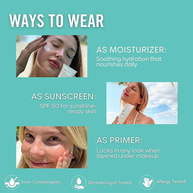 Hanalei Mineral Sunscreen Face Moisturizer SPF 50 – Dermatologist Tested, Zinc Oxide, Vegan, Reef-Safe, Invisible Protection, No White Cast, 3-in-1 Hydrating Primer, Gentle for Sensitive Skin 1.7 oz