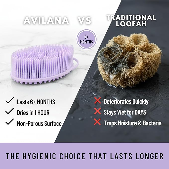 Silicone Body Scrubber for Shower - Gentle Exfoliating Back Scrubber with Soft Bristles - Avilana Premium Dual Sided Bath Brush Massage - Loofah Alternative for Sensitive Skin - Gift Women Men