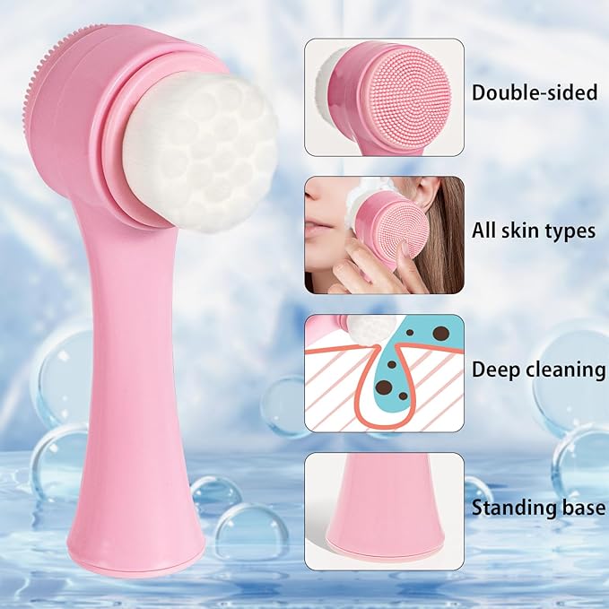 Face Brush 2 in 1, Silicone Facial Cleansing Exfoliating Brush Soft Bristles Pore Deep Cleansing, Jade Face Roller Skin Care Tools, Manual Dual Face Wash Scrub Brush Massaging Gift,Pink+White