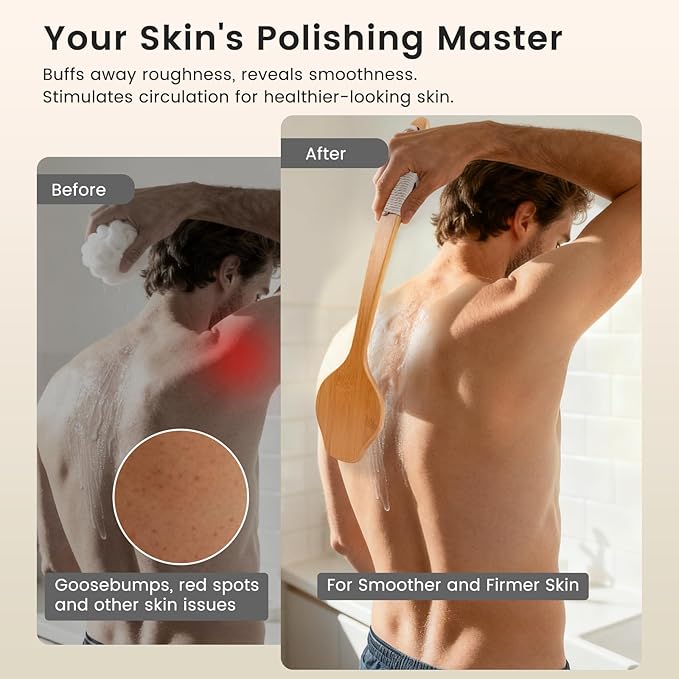 Bamboo Back Scrubber for Shower with Curved Long Handle - Stiff Natural Boar Bristles for Men and Women, Deep Cleansing and Exfoliating, Anti-Slip Grip for Wet or Dry Brushing