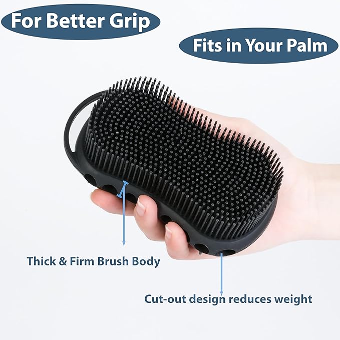 MtBoi 2PC Double-Sided Exfoliating Silicone Body Scrubber, 2-in-1 Bath Scrubber, Shampoo Brush, Silicone Loofah for All Skin Types, Shower Body Scrubber, Easy to Clean, Lather Well (Black&Pink)