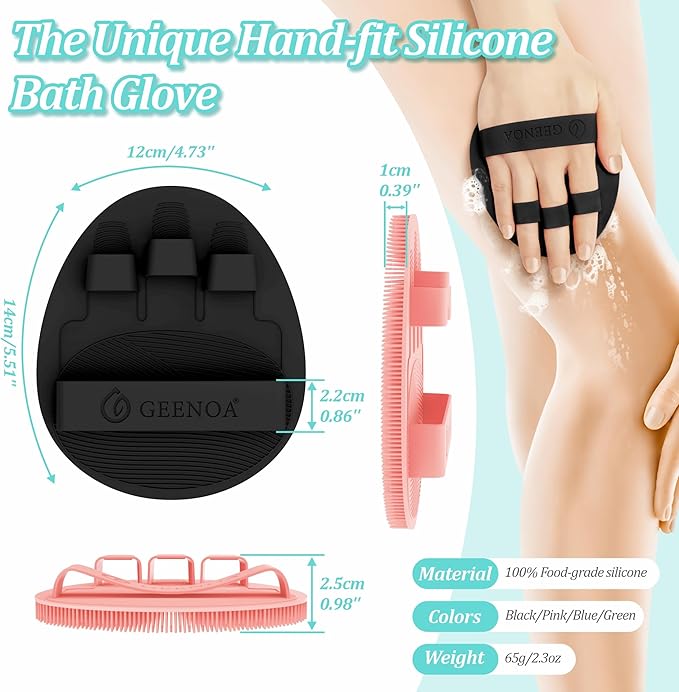 Soft Silicone Bath Glove & Face Scrubber Set 2PCS, 360° Anti-Slip & Hand-fit Body Scrubber for Rich Foaming Deep Cleaning, Unique Facial Scrubber with Side-bristles for Contoured Areas.(Pink)