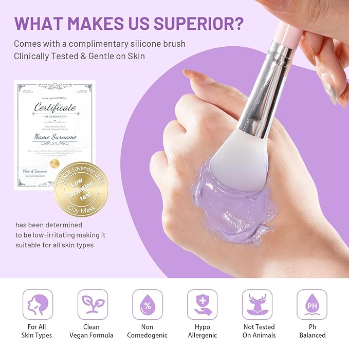 Deep Cleansing Purple Clay Mask for Face with Lavender, Glow Mud Mask to Balance Oil and Moisture, Minimize Blackheads, Soothing Care Pore Cleansing Mask with Brush