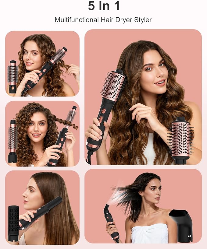 Nimmu Blow Dryer Brush Set, 5-in-1 Hot Air Brush Set, All-in-One Hair Styler for Salon Blowouts, Smoothing, Curling & Volumizing and Straightening, Less Frizz & Heat Damage, Black