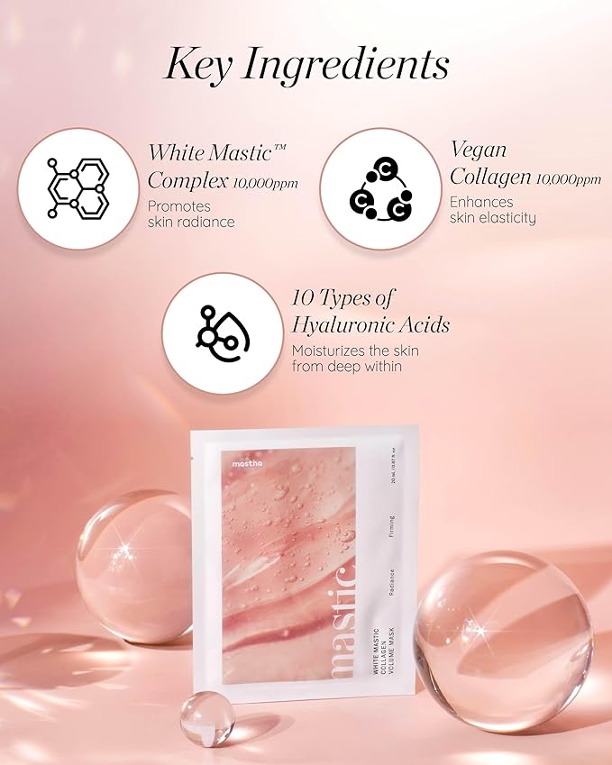 MASTINA White Mastic Collagen Face Sheet Mask (4 Pack), Korean Anti-Aging Treatment for Firming & Lifting, with Hyaluronic Acid for Deep Hydration, Visibly Plumps & Reduces Appearance of Sagging Skin