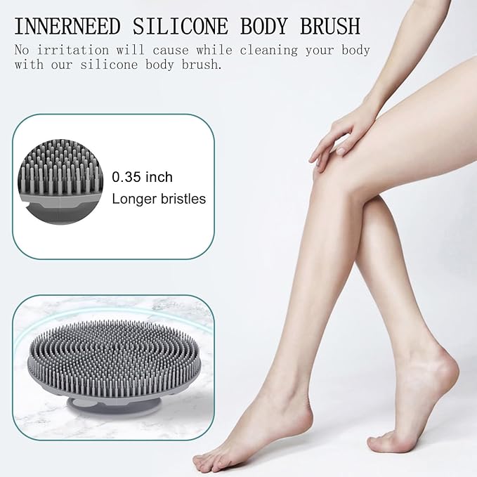 INNERNEED Food-Grade Soft Silicone Body Scrubber Shower Brush Handheld Cleansing Skin Brush, Gentle Exfoliating and Lather Well (Gray)