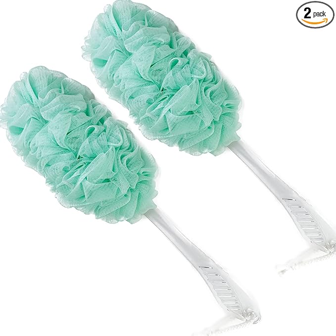 PPHAO - Bath Loofahs on a Stick for Men - Bath Brush Long Handle for Shower Elderly - Loofah Sponge for Women - Plastic Loofah - Bath Body Brush - Green Loofah - 2Pack