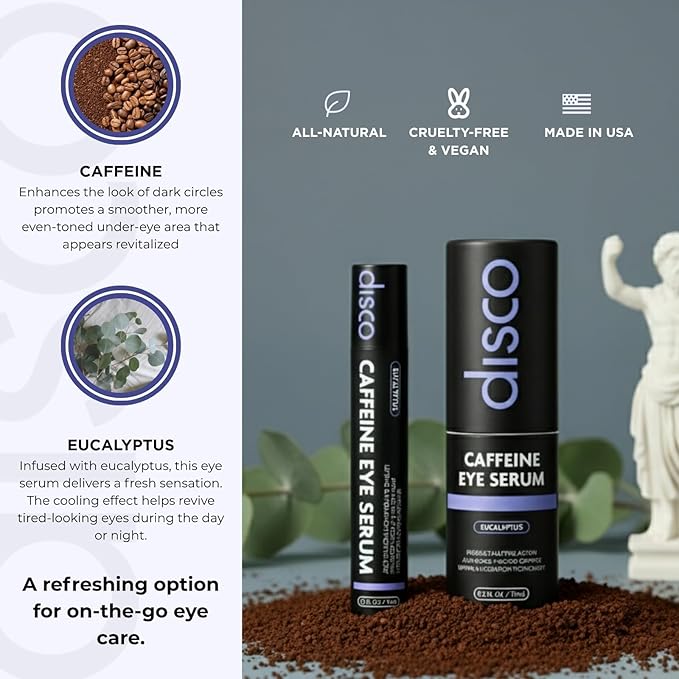 Disco Eye Serum, 12% Caffeine 8% Hyaluronic Acid, Niacinamide Peptides, Puffy Bags Fine Lines Dark Circles Wrinkles, Eucalyptus - Moisturizing Vitamin C 360° Roller Massage Ball Anti-Aging Cream 0.5oz
