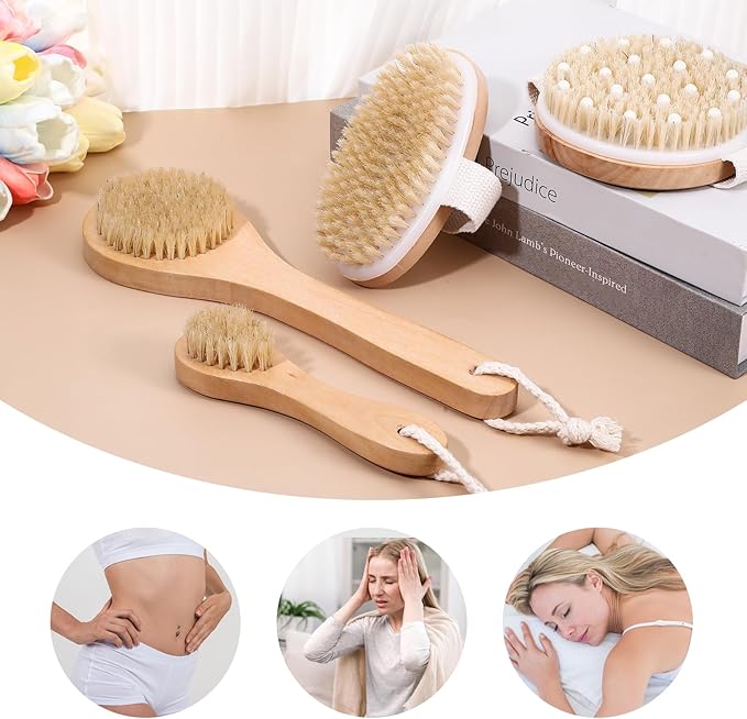 4PCS Dry Brushing Body Brush Set, Bamboo Dry Brush for Lymphatic Drainage Cellulite Exfoliating Body Face Treatment, Boar Bristle Face Cleansing Shower Back Scrubber Brushes