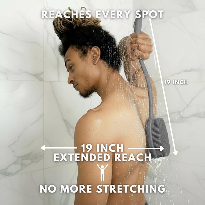 Long Handle Back Scrubber for Shower - 19 inch Extended Reach Silicone Body Brush - Avilana Bath Scrubber Extended Reach Tool - Easy Grip Body Wash Brush Gift