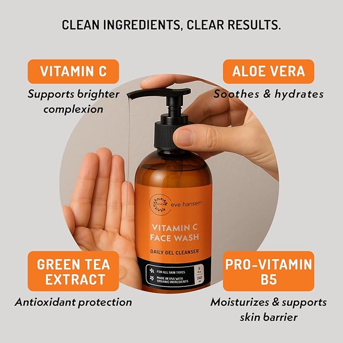 Vitamin C Cleanser Face Wash - HUGE 8 oz Gentle Facial Cleansing Gel for Uneven Skin Tone, Age Spots and Fine Lines - Natural Face Soap with Aloe Vera, Green Tea, Ginseng