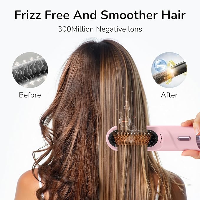 Go Brush Pro 2025 Hair Straightener Brush 300 Million Negative Ionic Portable Cordless Hair Straightener for Women with 4 Temps Fast Heating MCH Ceramic Coating Smooth Frizz - Free Hair Gift for Women