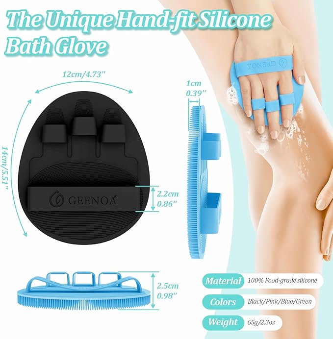 Soft Silicone Bath Gloves 2PCS, 360° Anti-slip & Enlarged Silicone Body Scrubber for Rich Foaming Deep Cleaning, Revolutionary No-grip & Hand-fit Shower Scrubber for All Skin Types.(Black+Blue)