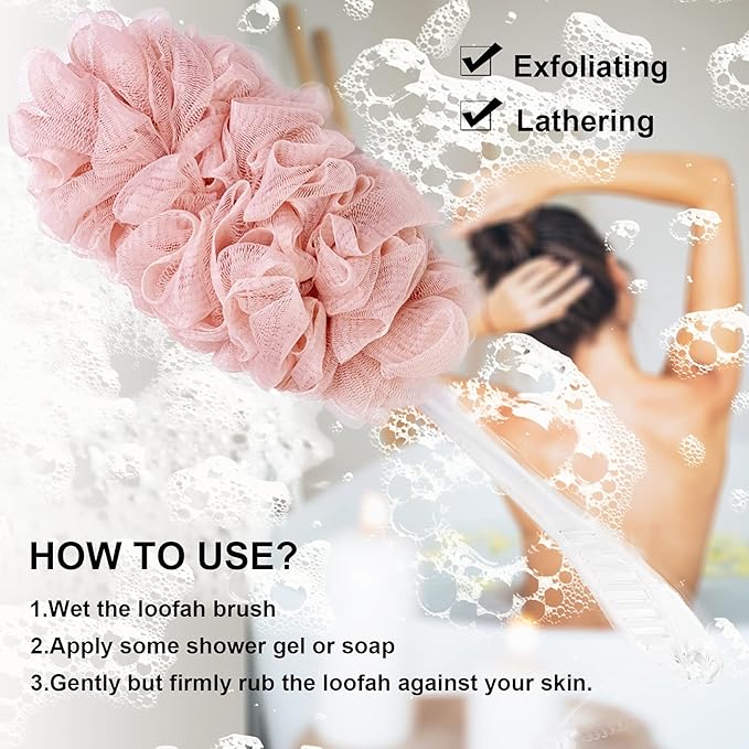 PPHAO - Loofah Sponge Back Scrubber Rough- Bath Brush Long Handle for Shower - Loofah Exfoliating for Men - Shower Loofah for Women - Pink Loofah - 1Pack