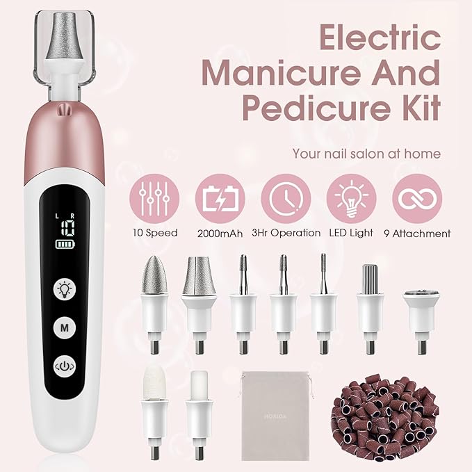 Cordless Electric Nail File Set, Professional Manicure Pedicure Kit with Memory Modes, 10 Speed Portable Nail Drill Machine, Pedicure Tools for feet, Hand Foot Care Tool for Thick Nail Toenail Cuticle