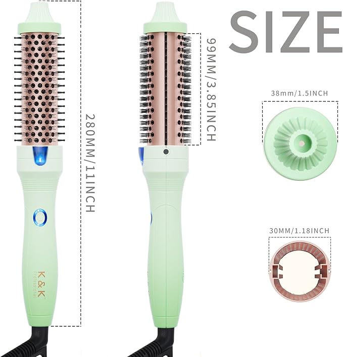 K&K Brush 30, 1.18 Inch Hot Styling Brush, Ionic Curling Iron with Tourmaline Ceramic Barrel, Professional Hair Curler up to 356°F, Dual Voltage Hair Waving Style Tool for Traveling