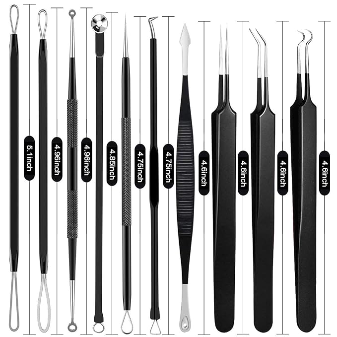 Pimple Popper Tool Kit - Boxoyx 10 Pcs Blackhead Remover Comedone Extractor Kit with Box for Quick and Easy Removal of Pimples, Blackheads, Zit Removing, Forehead,Facial and Nose (Black)