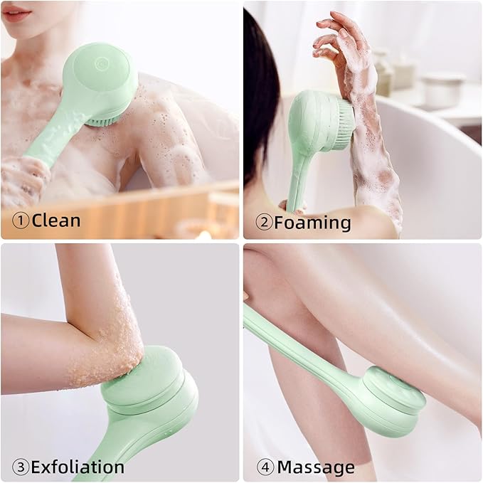 Electric Body Brush Back Scrubber for Shower, Waterproof Long Dual Handle Power Body Scrubber with 3 Heads, Rechargeable Bath Brush & 2 Speeds, for Cleansing, Exfoliating and Massaging Skin