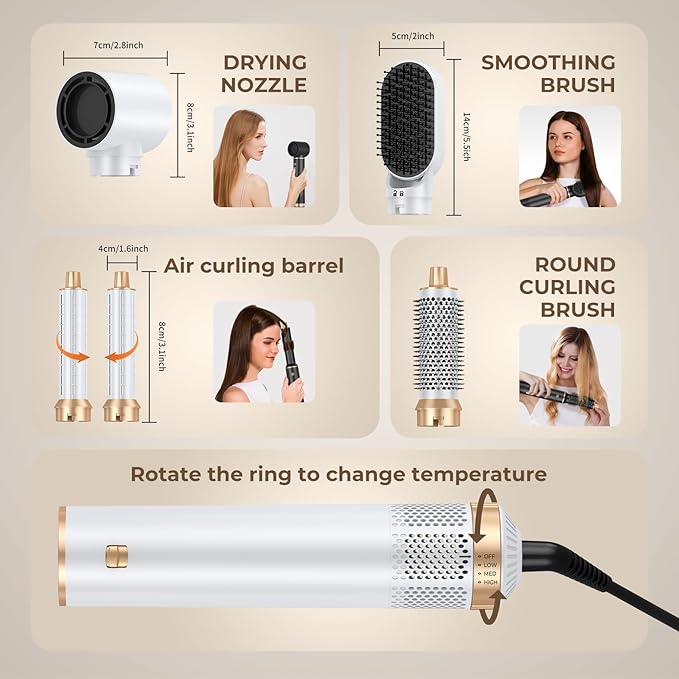 Blow Dryer Brush 5 in 1, Upgrade Hair Dryer Brush Air Curler Air Curling Wrap Styler, Detachable Hot Air Brush Negative Ion Curling Brush Iron, Hair Styling Tools for Drying Curling Straightening