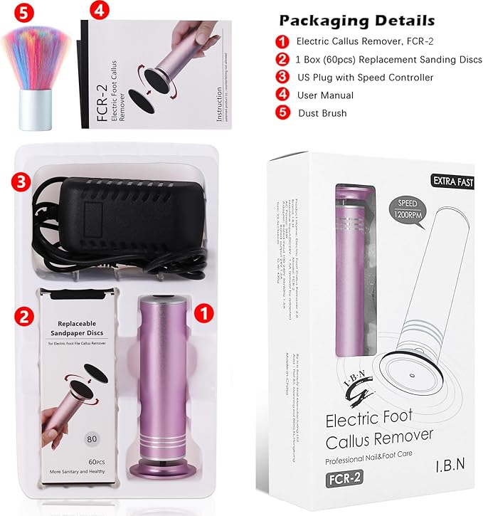 Upgraded Electric Callus Remover for Feet 1200RPM Adjustable Speed Professional Electric Foot File Foot Sander Pedicure Tools for Women Men Hard Cracked Dead Skin, 60 Sandpaper Discs, Pink