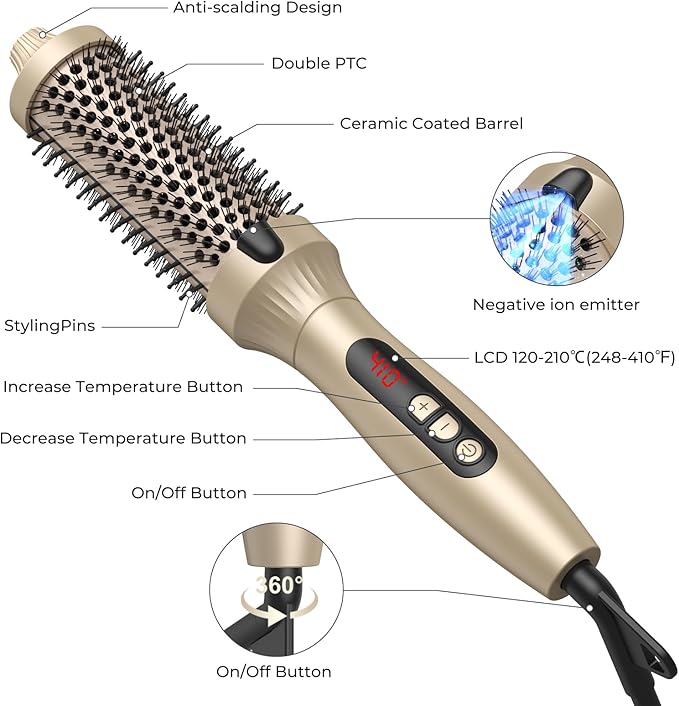 1.5 in Thermal Brush, Curling Iron Heated Round Curling Volumizing, The Ceramic Barrel Heats up 30S, LCD Display 10 Temperatures frizz-Free Curls The Ionic