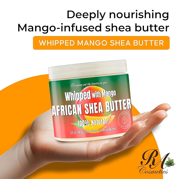 RA COSMETICS Whipped Shea Butter Mango - 100% Pure and Natural African Shea Butter - Ultimate Handcrafted Moisturizer with Essential Vitamins for Radiant Skin and Luscious Hair - 12oz Jar