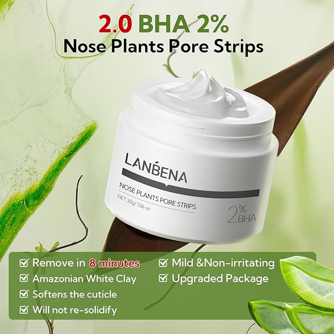 LANBENA 2-Pack Pore Strips: 2% Salicylic Acid BHA Nose Strips + Bamboo Charcoal Blackhead Peel-Off Mask | Deep Cleansing, Purifying Pore Treatment for Blackhead & Oil Removal, Plant-Based Skincare Duo