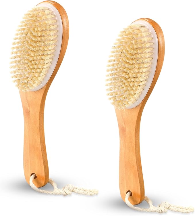 Gerrii 2 Pcs Dry Brushing Body Brush Natural Boar Bristle with Contoured Wooden Handle for Back Legs Feet Exfoliates Dead Skin