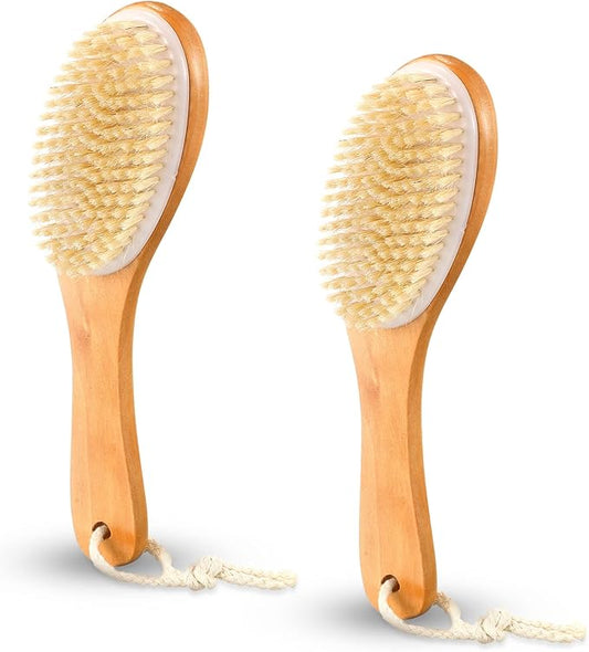 Gerrii 2 Pcs Dry Brushing Body Brush Natural Boar Bristle with Contoured Wooden Handle for Back Legs Feet Exfoliates Dead Skin