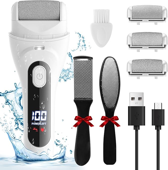 Electric Foot Callus Remover, LED Light & Display Electric Foot File, Rechargeable Waterproof Electric Foot Filer, 3 Replacement Rollers & USB-C Charging Foot Sanders for Feet White