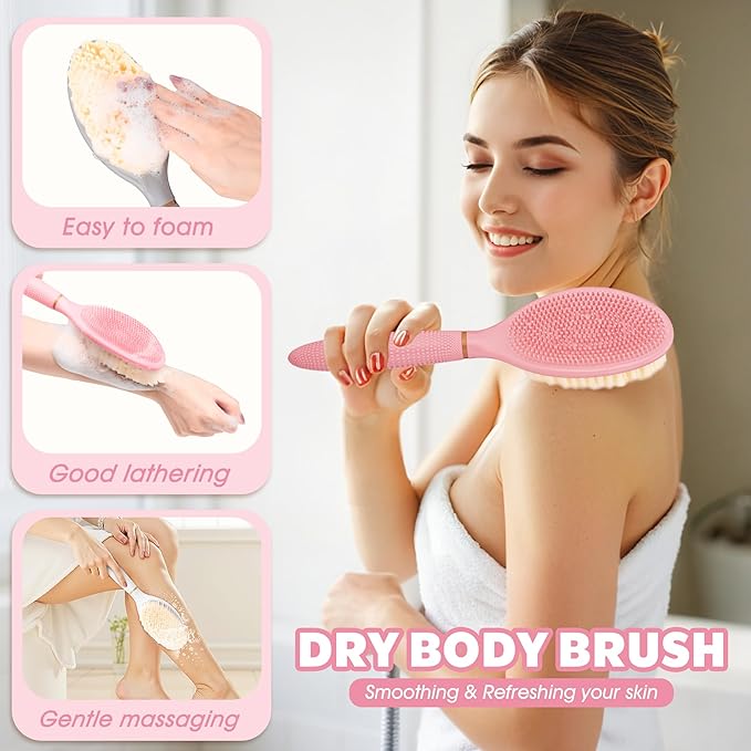 New Foot Brush & Back Scrubber Set 2PCS, 10.2''- 27.5'' Adjustable Foot Scrubber for Shower, 18.9'' Shower Back Scrubber with 3-Length Usage, Great Aid for People with Limited Mobility(Pink)